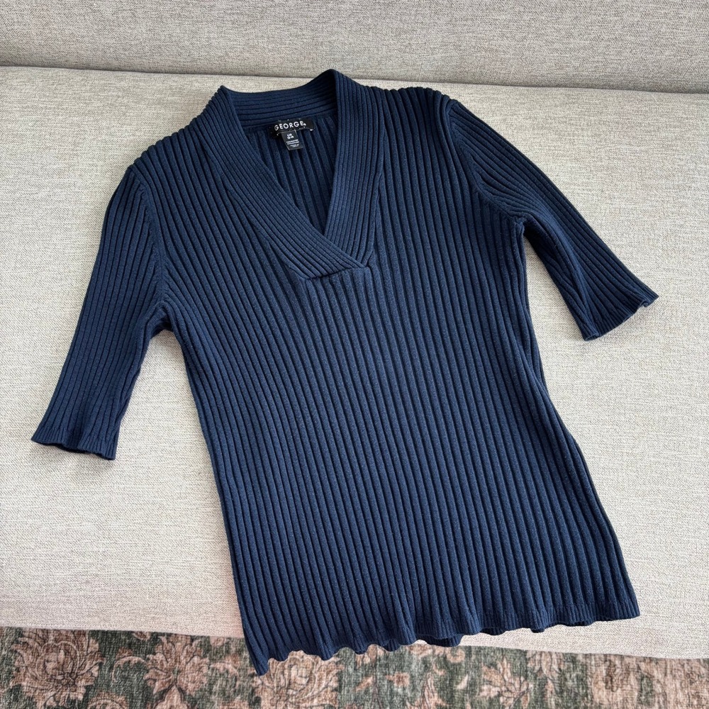 George Ribbed Knit V Neck Top L Dark Blue Short Sleeve Office Chic Fall Capsule